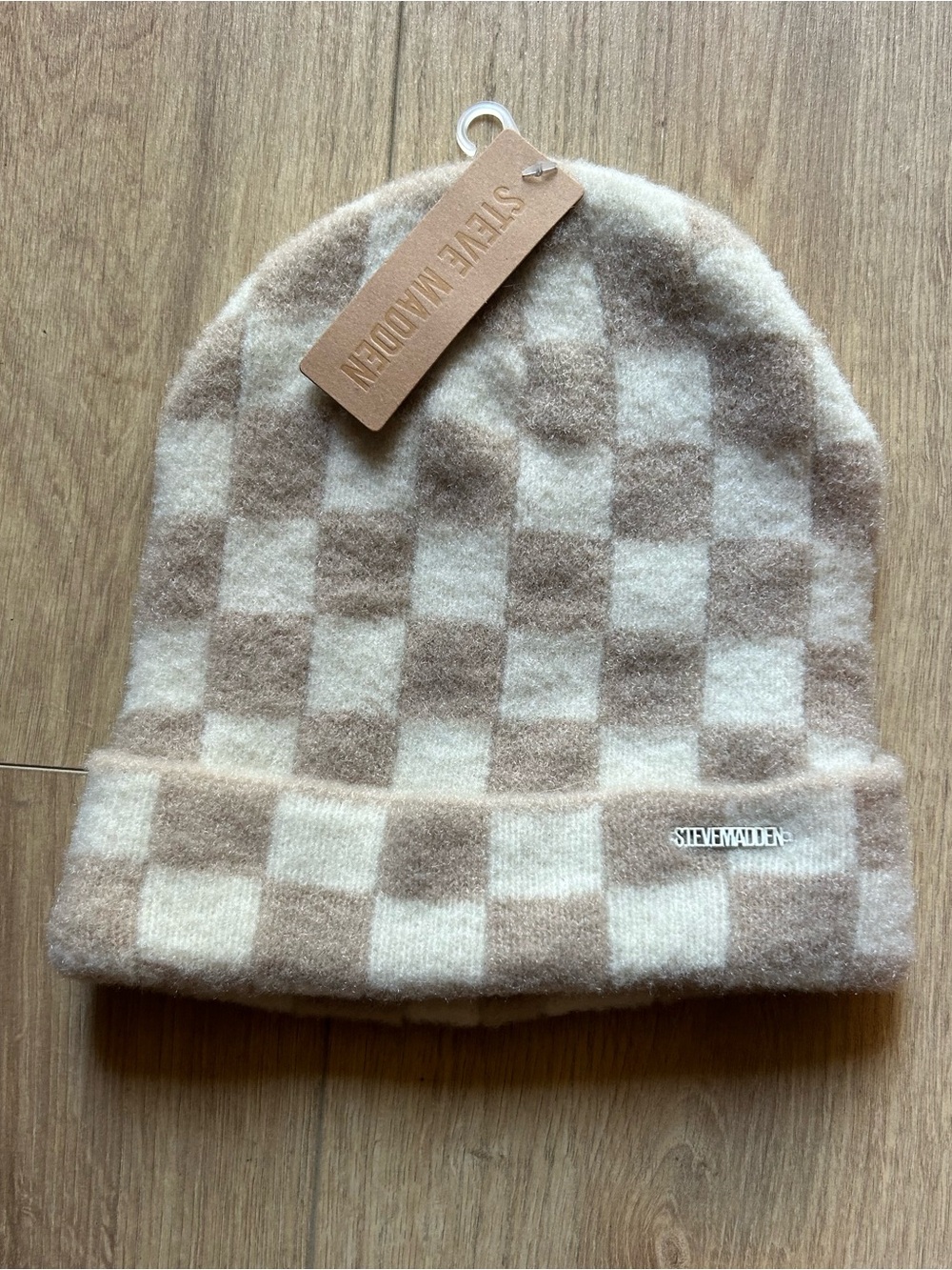 Steve Madden Beige & Cream Checkerboard Knit Beanie